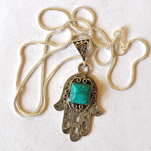 Tqa 786 pendentif pendant chaine hamsa fatima 40mm turquoise argent 2