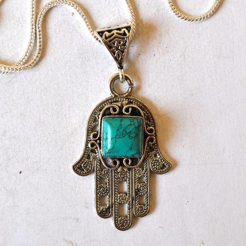 Tqa 786 pendentif pendant chaine hamsa fatima 40mm turquoise argent 5