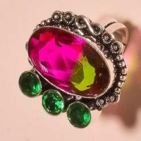 Trm 208c bague t reglable tourmaline rose verte quartz bijoux medievale argent 925 vente achat 1 1