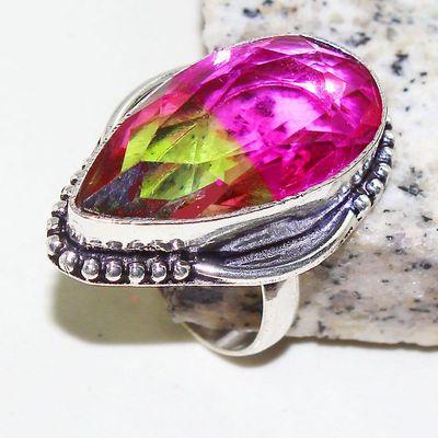 TRM-299 - Jolie BAGUE T-61 cabochon TOURMALINE Amande 16 x 32 mm Vert émeraude et Rose - argent 925 - 65 carats - 13 gr