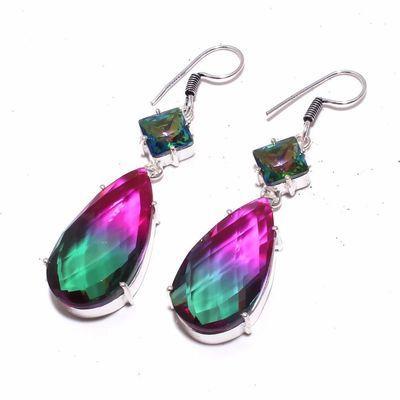 Trm 321c boucles oreilles tourmaline 1gr rose vert goutte 18x30mm achat vente bijou argent 925