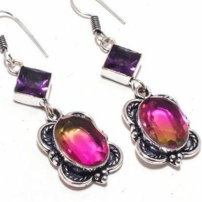 Trm 338c boucles oreilles tourmaline amethyste 15gr rose or 10x15 achat vente bijou argent 925