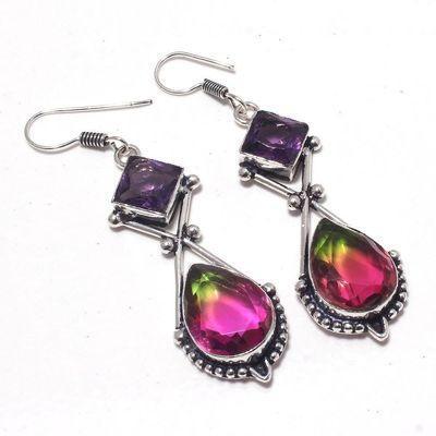 Trm 377c boucles oreilles tourmaline amethyste 13gr rose vert 20x15 achat vente bijou argent 925