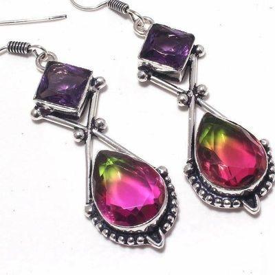 Trm 377c boucles oreilles tourmaline amethyste 13gr rose vert 20x15 achat vente bijou argent 925